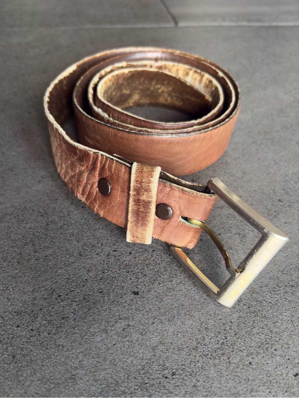 Vintage Distressed Brown Leather Belt Silver Colored Buckle Western Workwear